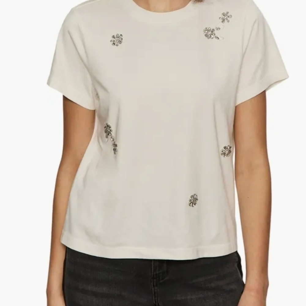 SANTUARY Floral Crystal Embellished Organic  Crewneck Tee in Cream - Women's Top
